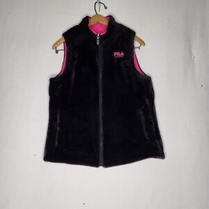 Fila Y2K Sport Vest Womens Size M Black Faux Fur Zip Up Pink Lining